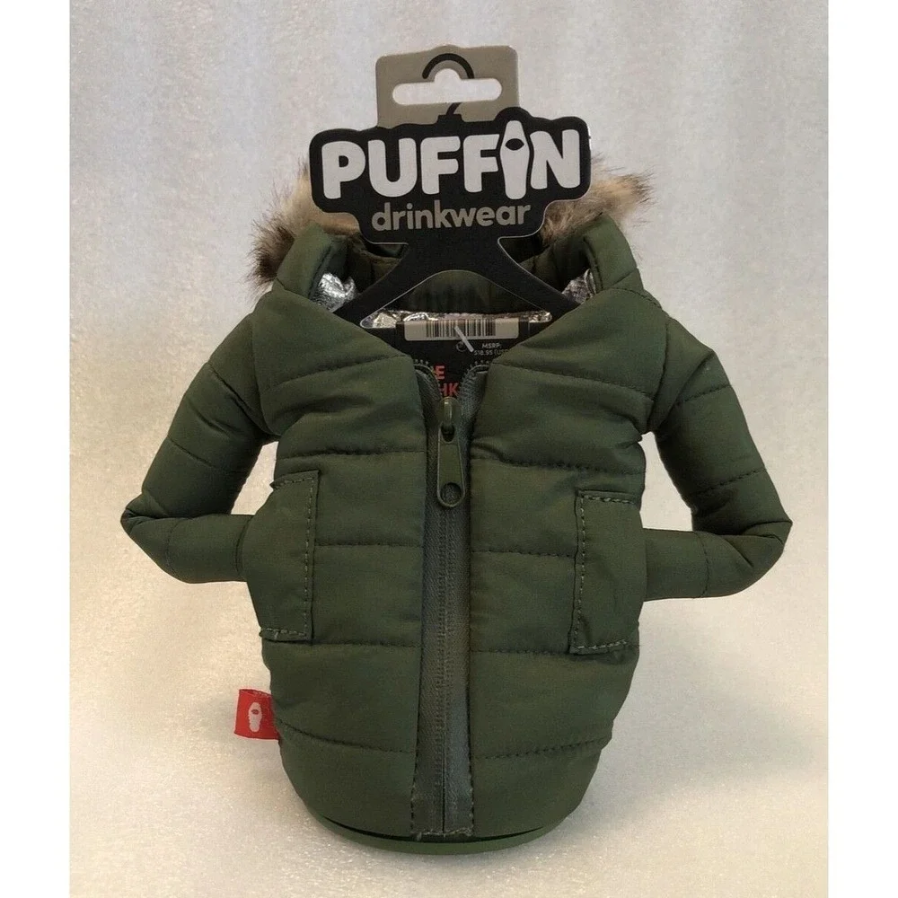 Puffin drinkwear Drink Parka Jacket Koozie The Pahka Olive Green w/ Fur Hood NEW